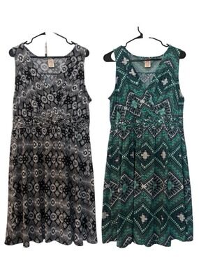 Faded Glory Sleeveless Geo Midi Dress in Black and Teal Green